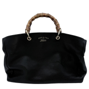 GUCCI Black Pebbled Leather Bamboo Top Handle Large Tote Bag