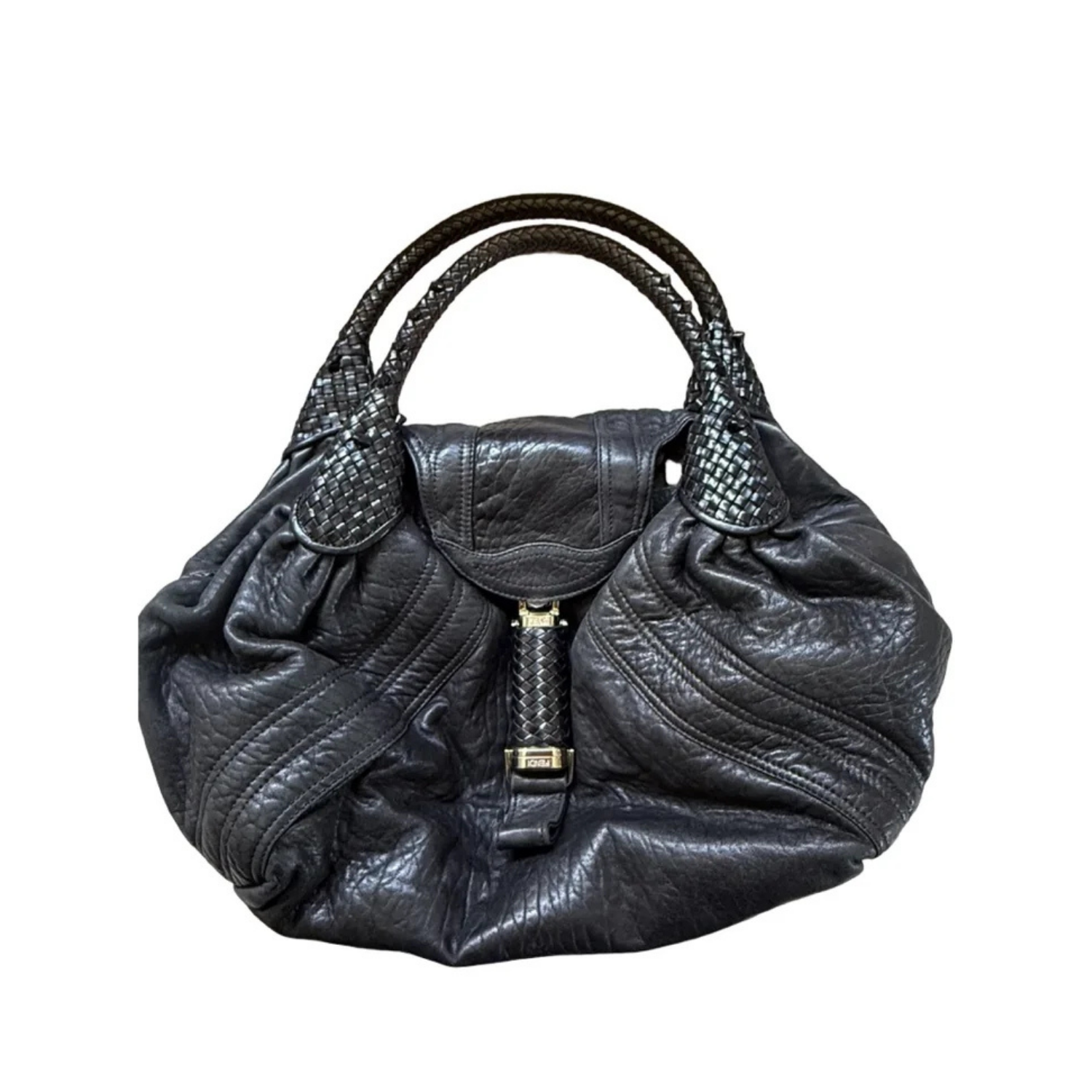 Fendi Spy Bag – Black Pebbled Leather with Woven Handles