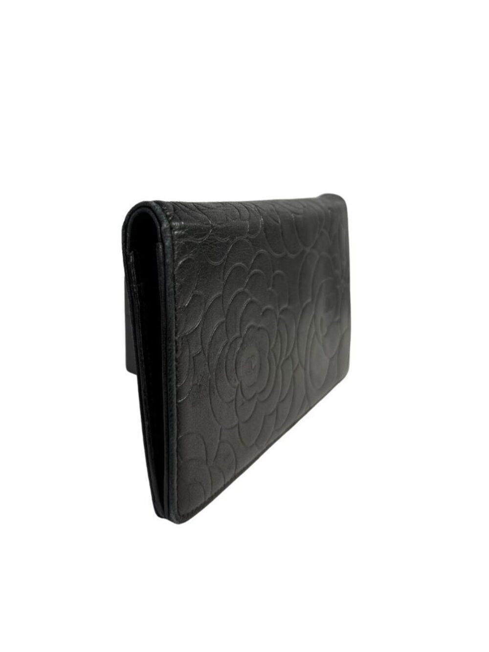 Chanel black Camellia embossed long wallet