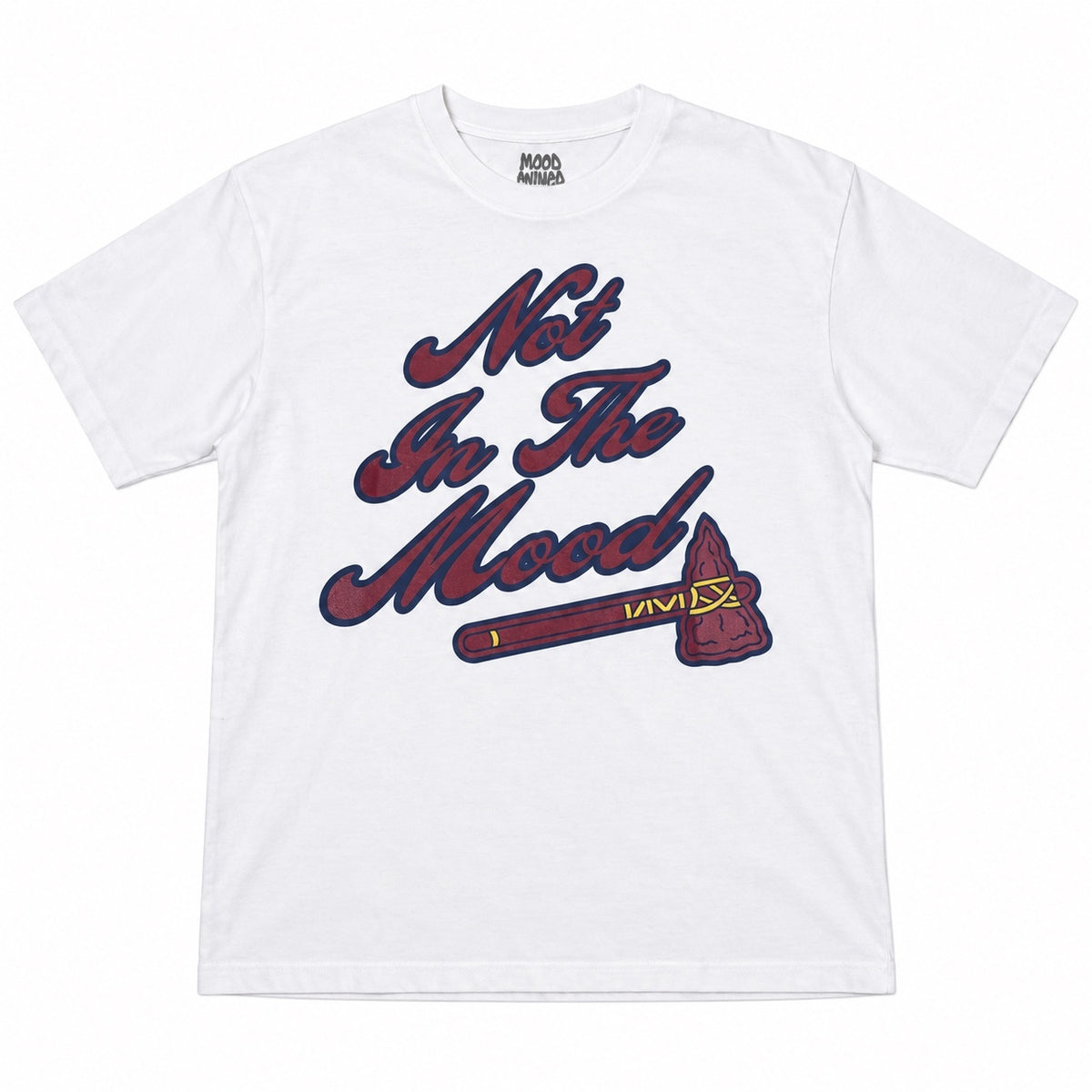 White Graphic T-Shirt with "Not In The Mood" Print and Axe Design