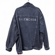 Balenciaga Oversized Washed Black Denim Jacket with Logo Print