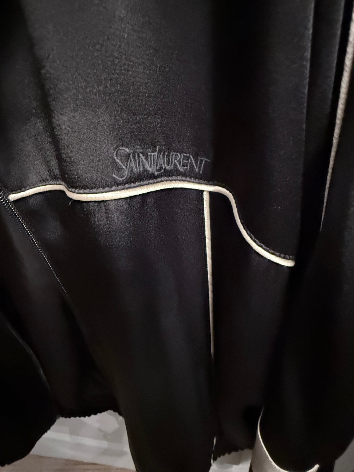 Saint Laurent Paris Black Satin Track Jacket with White Piping and Size 48