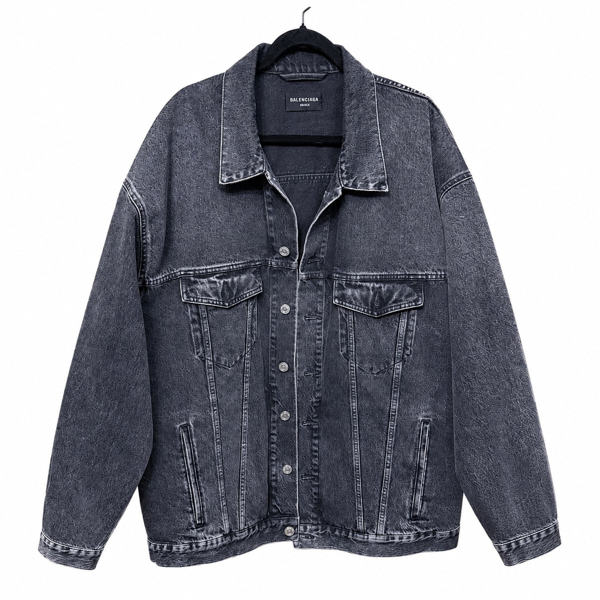 Balenciaga Oversized Washed Black Denim Jacket with Logo Print