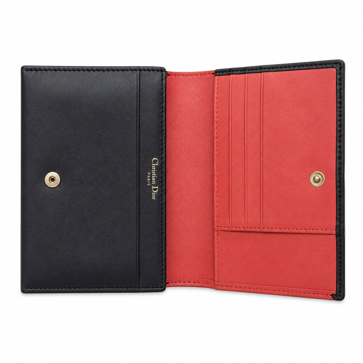 Christian Dior Black and Red Leather Trifold Wallet with Gold Button Closure