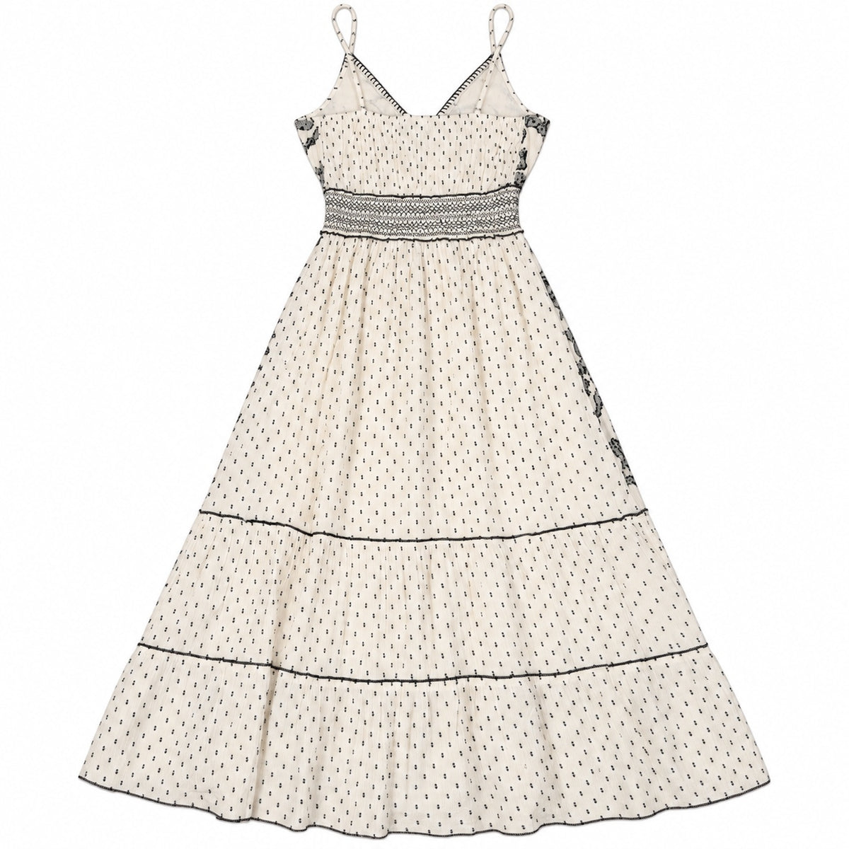 POL Women's Size Large Cream and Black Floral Embroidered Maxi Dress with Spaghetti Straps