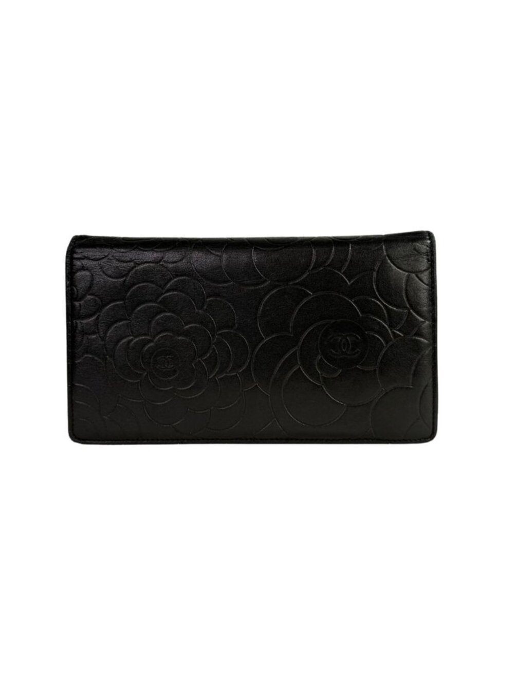 Chanel black Camellia embossed long wallet