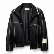 Saint Laurent Paris Black Satin Track Jacket with White Piping and Size 48
