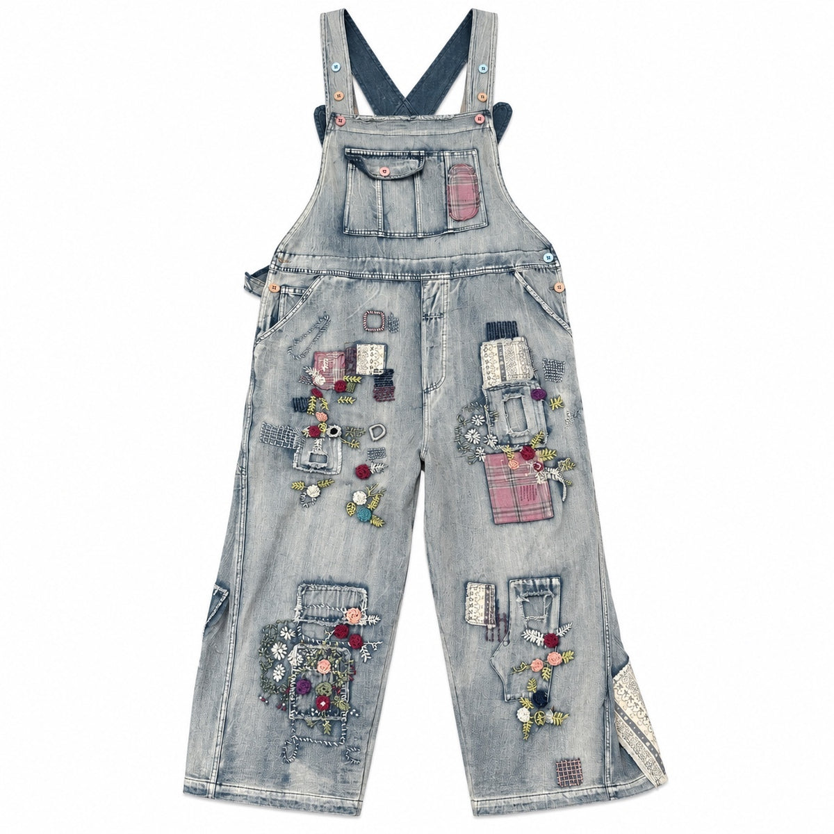 Blue velvet Flower & Embroidery Vintage Washed Denim Overalls