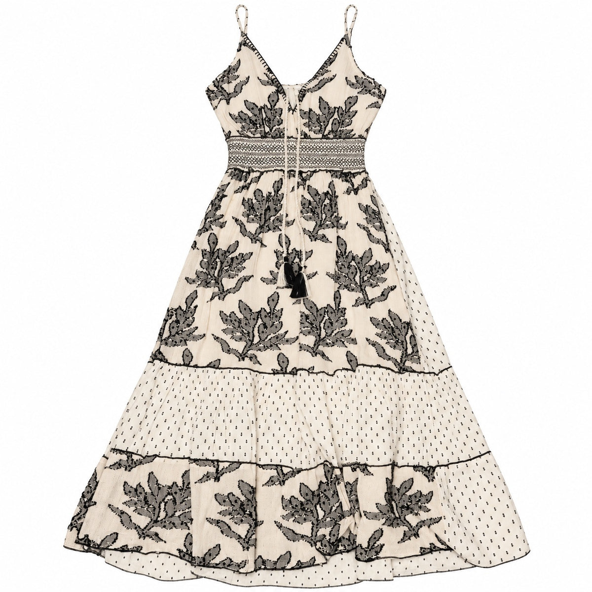 POL Women's Size Large Cream and Black Floral Embroidered Maxi Dress with Spaghetti Straps
