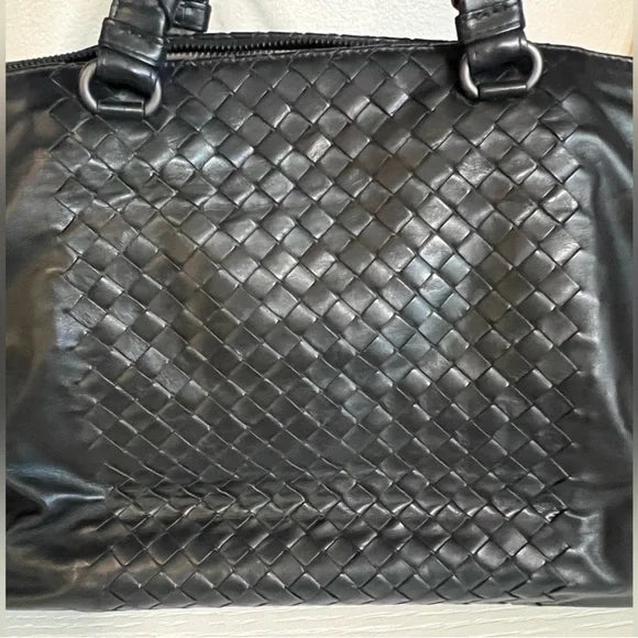 BOTTEGA VENETA 			Black Intrecciato Woven Calf Leather Top Handle Bag