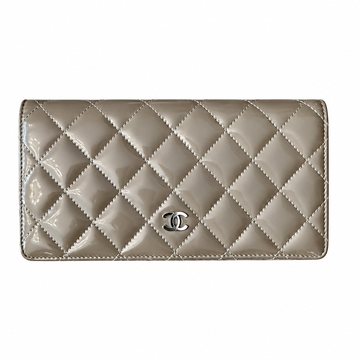 Chanel Taupe quilted patent leather wallet