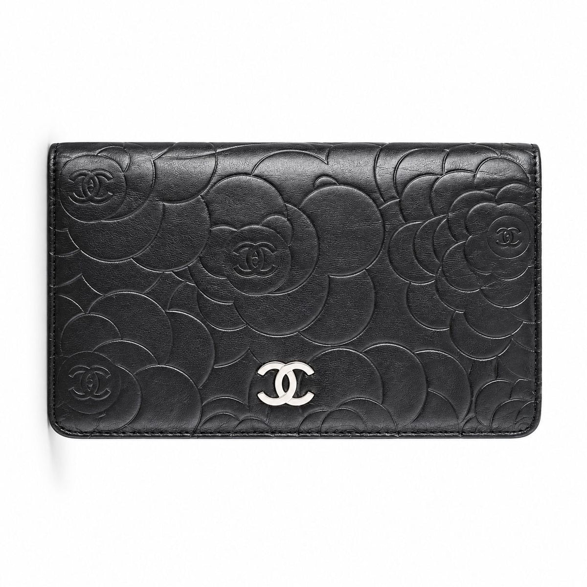 Chanel black Camellia embossed long wallet